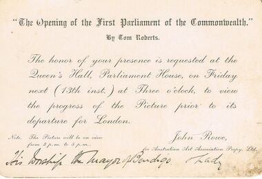 Document - LYDIA CHANCELLOR COLLECTION; INVITATION TO VIEWING OF TOM ROBERT'S PAINTING OF PARLIAMENTARY OPENING