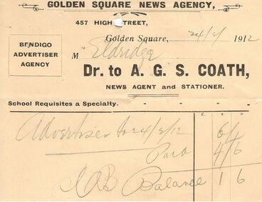 Document - PEARCE COLLECTION: ELDRIDGE & BURNET - ACCOUNT OF A G S COATH