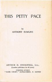 Book - ALEC H CHISHOLM COLLECTION: BOOK ''THIS PETTY PACE'' BY ANTHONY RAWLINS