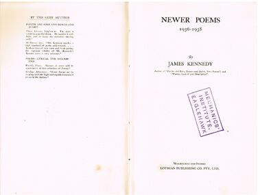 Book - ALEC H CHISHOLM COLLECTION: BOOK ''NEWER POEMS 1936-1938'' BY JAMES KENNEDY