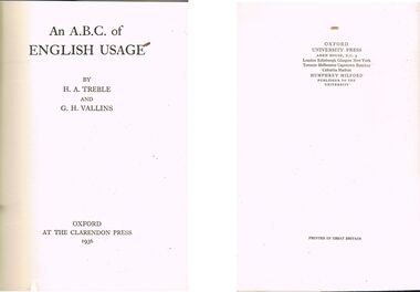 Book - LYDIA CHANCELLOR COLLECTION :   BOOK - AN A.B.C. OF ENGLISH USAGE  - H.A.TREBLE & G.H. VALLINS