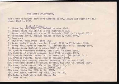 Document - JOHN EVANS COLLECTION: LIST OF CONTENTS OF 'J EVANS COLLECTION'