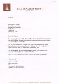 Document - LETTER TO MISS FELICITY KINGERLEE FROM MRS MYRA POTTER OF THE BENDIGO TRUST