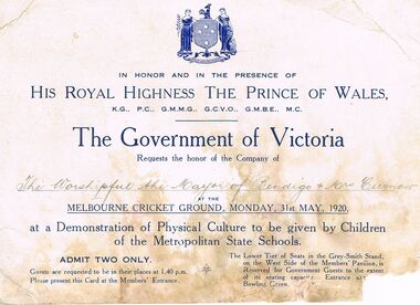Document - LYDIA CHANCELLOR COLLECTION; HIS ROYAL HIGHNESS THE PRINCE OF WALES VISIT TO MCG INVITATION