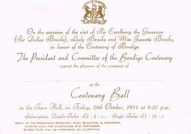 Document - LYDIA CHANCELLOR COLLECTION:  CENTENARY OF BENDIGO INVITATION