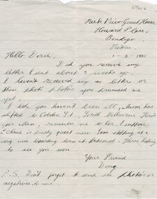 Document - HAND: WRITTEN LETTER ON NOTE PAPER DATED 1.2.1940, 1.2.1940