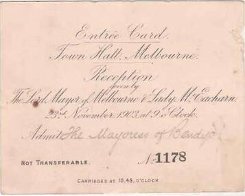 Document - CARD - ENTRÉE CARD LORD MAYOR'S RECEPTION, 23/11/1903