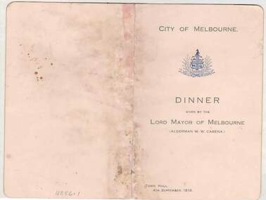 Document - MENU AND TOAST LIST - CITY OF MELBOURNE DINNER, 04/09/1919