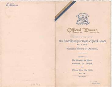 Document - GLOVER COLLECTION:  MENU, CITY OF BENDIGO OFFICIAL DINNER 1935, 07/06/1935