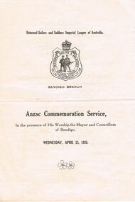 Document - LYDIA CHANCELLOR COLLECTION;  ANZAC COMMEMORATION SERVICE