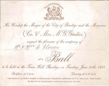 Document - GLOVER COLLECTION:  INVITATION CITY OF BENDIGO BALL, MR AND MRS C. GLOVER, 25/06/1924