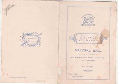 Document - GLOVER COLLECTION:  MENU CITY OF BENDIGO MAYORAL BALL, 30/06/1914