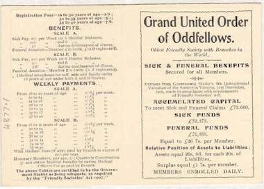 Document - GRAND UNITED ORDER OF ODDFELLOWS BENEFITS CARD, 31/12/1909