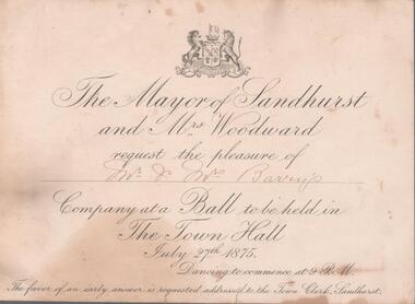 Document - CONSTABLE JOHN BARRY COLLECTION: INVITATION TO MR AND MRS BARRY - MAYORAL BALL, 27/07/1875