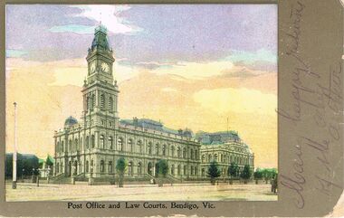 Postcard - POSTCARD: COLOUR ENHANCED PHOTO OF POST OFFICE AND LAW COURTS, BENDIGO