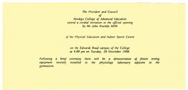 Document - INVITATION - OFFICIAL OPENING PHYSICAL EDUCATION AND INDOOR SPORTS CENTRE, 20/12/1988