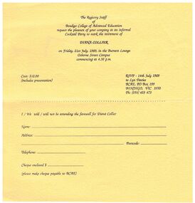 Document - INVITATION - RETIREMENT OF DIANA COLLIER, 21/07/1989