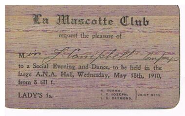 Document - INVITATION - LA MASCOTTE CLUB SOCIAL EVENING AND DANCE, 18/05/1910