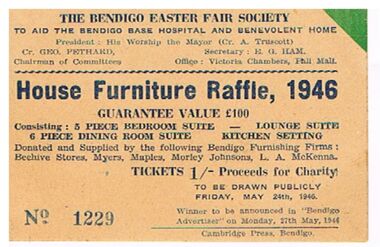 Document - THE BENDIGO EASTER FIAR SOCIETY HOUSE FURNITURE RAFFLE TICKET, 1946, 24/05/1946