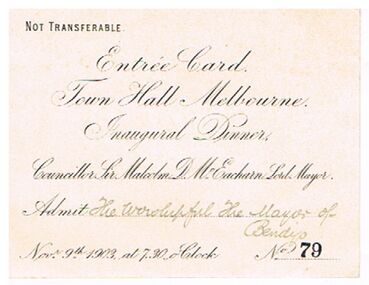 Document - DOCUMENT - ENTRÉE CARD, TOWN HALL MELBOURNE, INAUGURAL DINNER, 09/11/1903