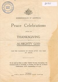 Document - LYDIA CHANCELLOR COLLECTION; PEACE CELEBRATIONS ORDER OF THANKSGIVING TO ALMIGHTY GOD