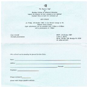 Document - INVITATION TO KEN COLES COCKTAIL PARTY 1987, 30/10/1897