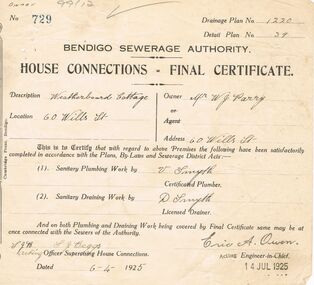 Document - BENDIGO SEWERAGE AUTHORITY : HOUSE CONNECTIONS - FINAL CERTIFICATE : 6 APRIL 1925, 06/04/1925