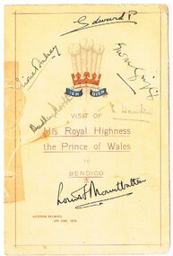 Document - AUTOGRAPHED PAGE - VISIT OF HRH THE PRINCE OF WALES TO BENDIGO 1920, 04/06/1920
