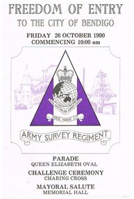 Document - FREEDOM OF ENTRY TO THE CITY OF BENDIGO - ARMY SURVEY REGIMENT, 26/10/1990