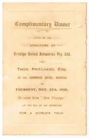 Document - INVITATION 1926, TO A COMPLIMENTARY DINNER,  THOS PRITCHARD, BY BENDIGO UNITED BREWERIES, 30/12/1926