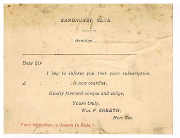 Document - DOCUMENT - SANDHURST CLUB SUBSCRIPTION OVERDUE SLIP