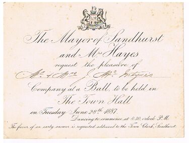 Document - INVITATION FOR MR AND MRS J. MCINTYRE, TO A BALL, TOWN HALL, BENDIGO 1887, 28/07/1887
