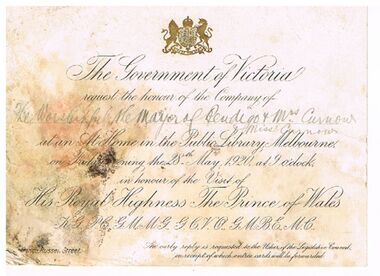 Document - CURNOW COLLECTION: INVITATION FOR THE MAYOR OF BENDIGO & MRS & MISS CURNOW, 28/05/1920