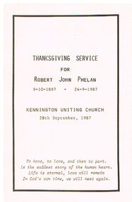 Document - THANKSGIVING SERVICE FOR ROBERT JOHN PHELAN, 28/10/1987