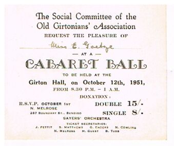 Document - DOCUMENT - OLD GIRTONIANS' ASSOCIATION CABARET BALL TICKET, 12/10/1951