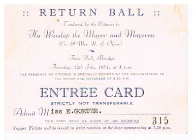 Document - GOETZE COLLECTION: RETURN BALL 1951 ENTRÉE CARD, MISS E. GOETZE, 12/07/1951