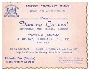 Document - GRAND DANCING CARNIVAL TICKET, BENDIGO 1951, 15/02/1951