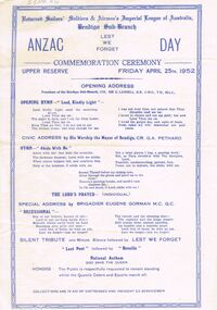 Document - LYDIA CHANCELLOR COLLECTION; ANZAC DAY COMMEMORATION CEREMONY
