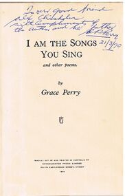 Book - ALEC H CHISHOLM COLLECTION: BOOK ''I AM THE SONGS YOU SING''  BY  GRACE PERRY