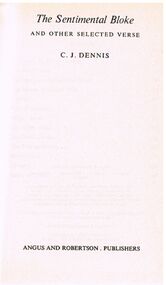 Book - ALEC H CHISHOLM COLLECTION: BOOK ''THE SENTIMENTAL BLOKE''  BY C.J.DENNIS