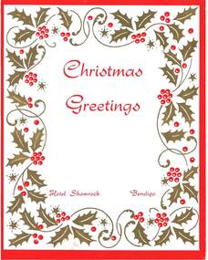 Document - CHRISTMAS GREETINGS, HOTEL SHAMROCK BENDIGO, MENU