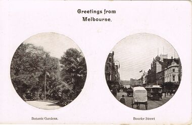 Postcard - POSTCARD: BLACK AND WHITE  PHOTOGRAPH OF BOURKE STREET AND BOTANIC GARDENS MELBOURNE  EARLY 1900S