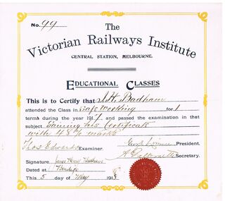 Document - BADHAM COLLECTION: THE VICTORIAN RAILWAYS INSTITUTE SAFE WORKING CERTIFICATE 19717, 05/05/1918