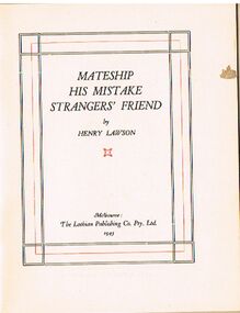 Book - ALEC H CHISHOLM COLLECTION: BOOK ''MATESHIP AND THE STRANGER'S FRIEND''  BY  HENRY LAWSON
