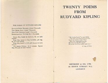 Book - ALEC H CHISHOLM COLLECTION: BOOK ''TWENTY POEMS FROM RUDYARD KIPLING''