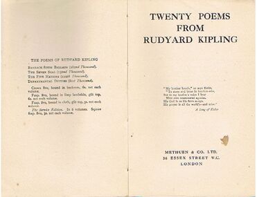 Book - ALEC H CHISHOLM COLLECTION: BOOK ''TWENTY POEMS FROM RUDYARD KIPLING''