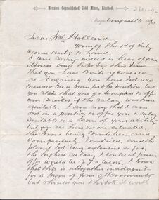 Document - MINING IN BENDIGO COLLECTION: LETTER TO MR HOLLAND