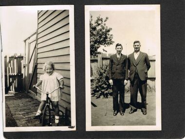 Photograph - BLACK AND WHITE PHOTOS X 2: YOUNG GIRL ON TRICYCLE / TWO MALES