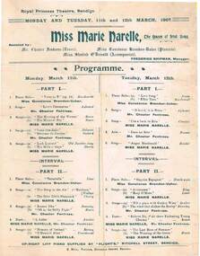 Document - ROYAL PRINCESS THEATRE COLLECTION: PROGRAMME MISS MARIE NARELLE, 11,12 March 1907