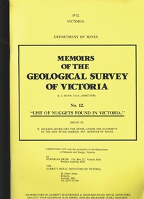 Book - MEMOIRS OF THE GEOLOGICAL SURVEY OF VICTORIA  NO.12. LIST OF NUGGETS FOUND IN VICTORIA